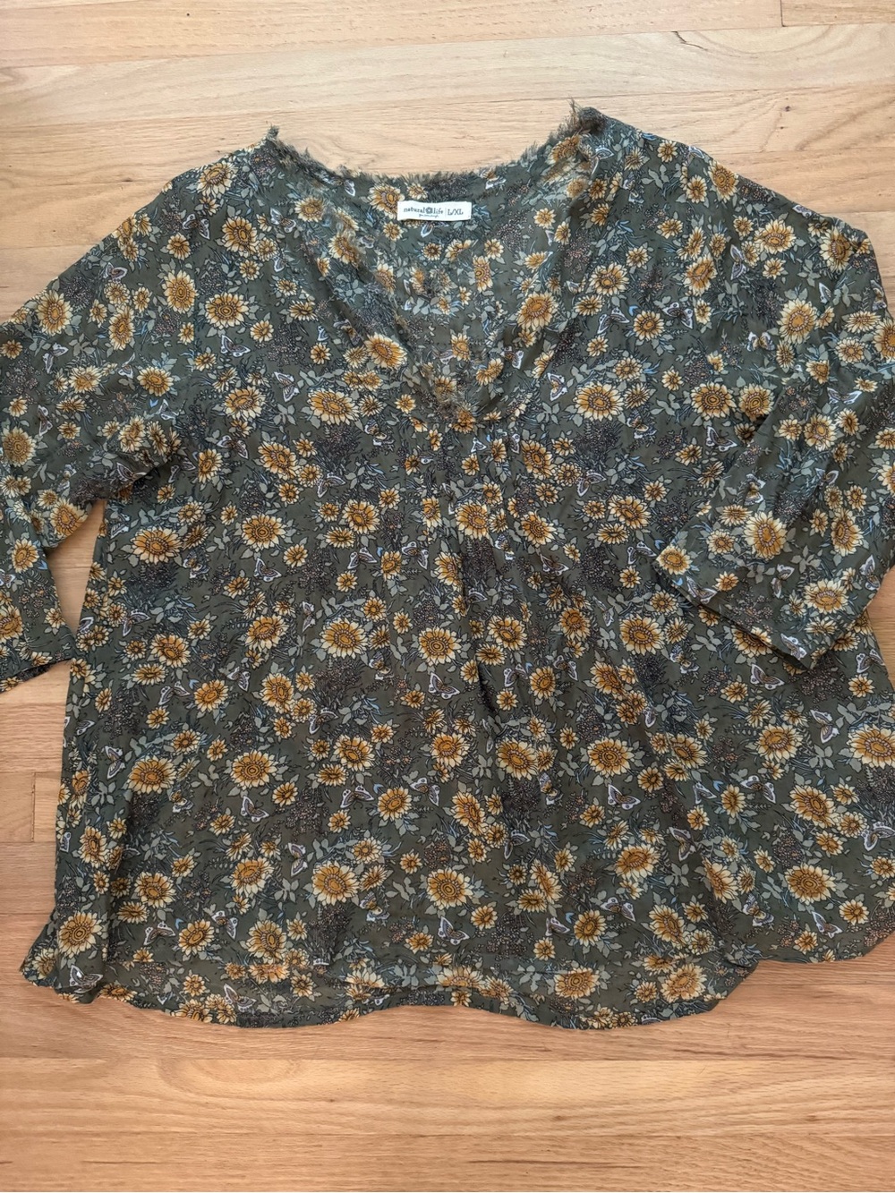 Natural Life L/XL Olive Green Lightweight Cotton Floral Print V Neck Blouse